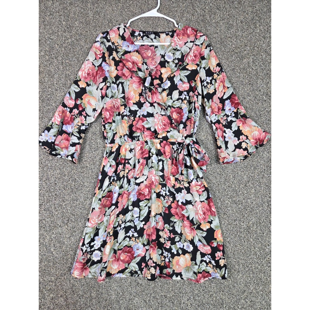 Hype Faux Wrap Dress Womens Large Black Floral Ruffle Bell Sleeve Mini 00558